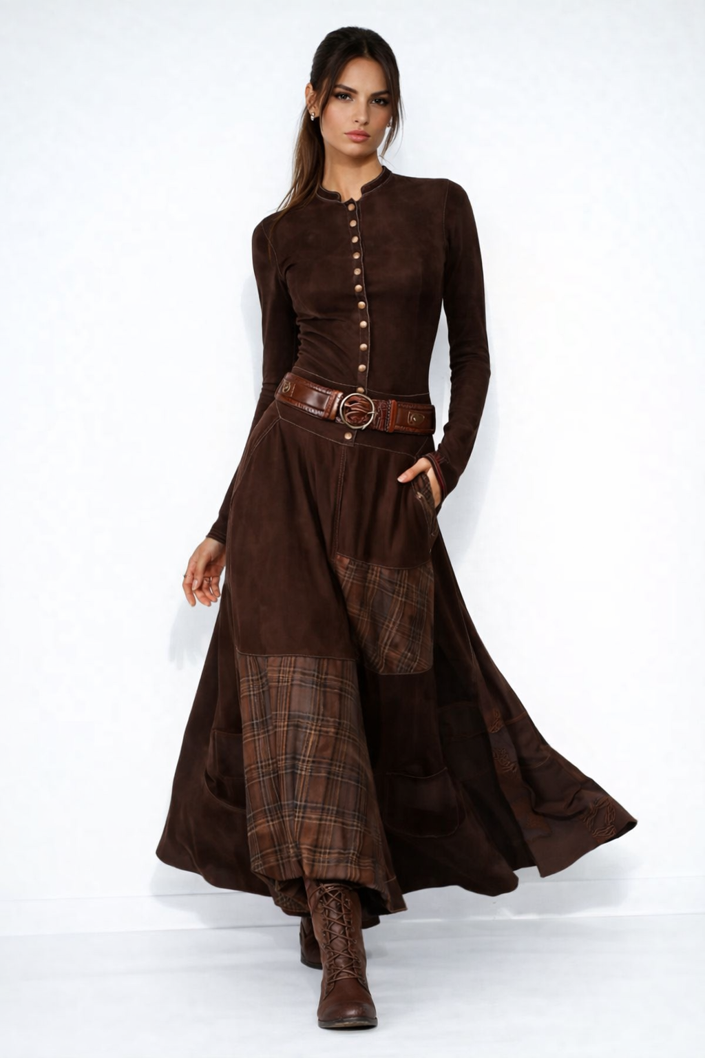 Carmen | Robe Maxi en Daim avec Ceinture