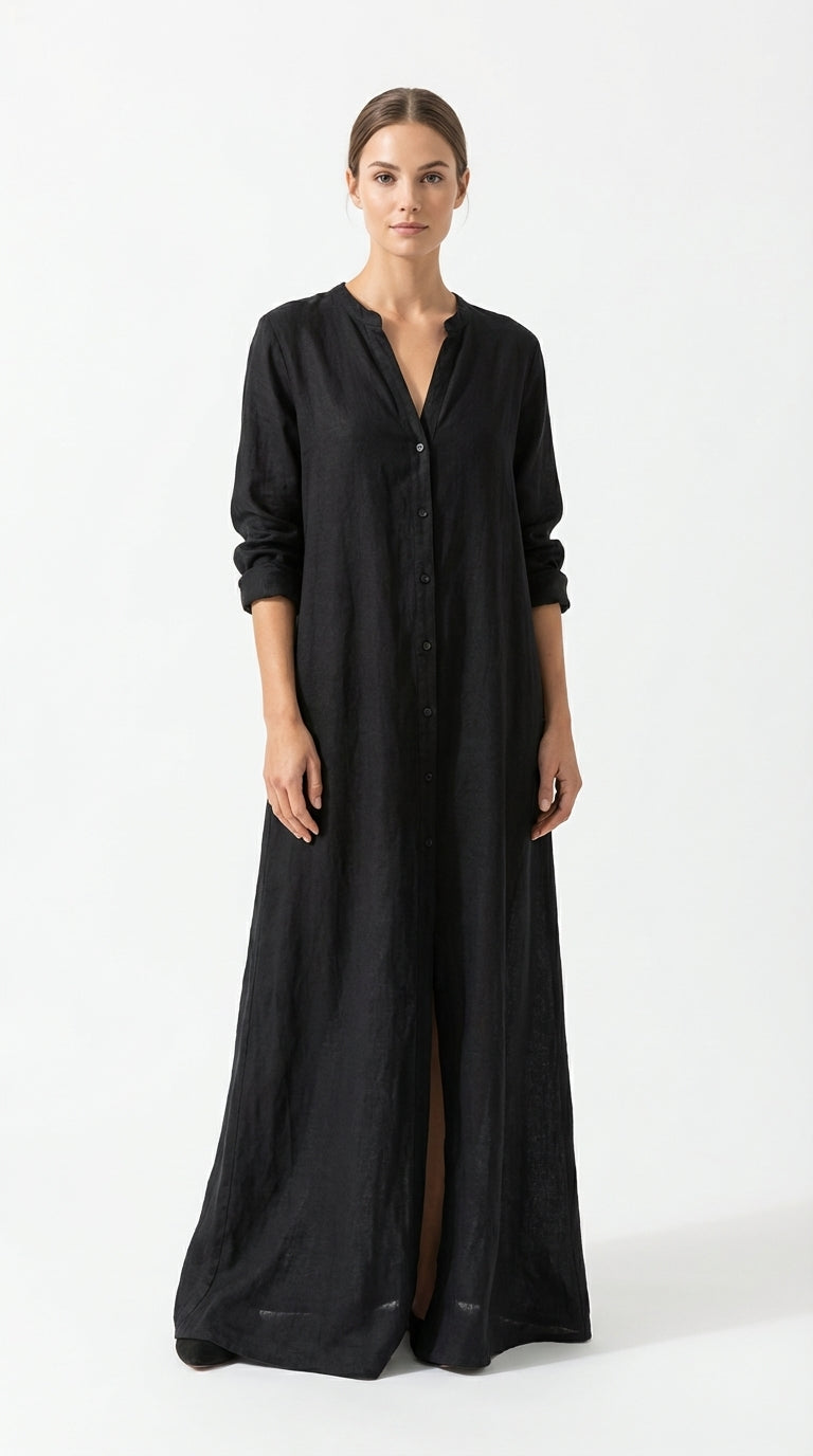 Soline™ | Robe Longue Noire Ample avec Boutons