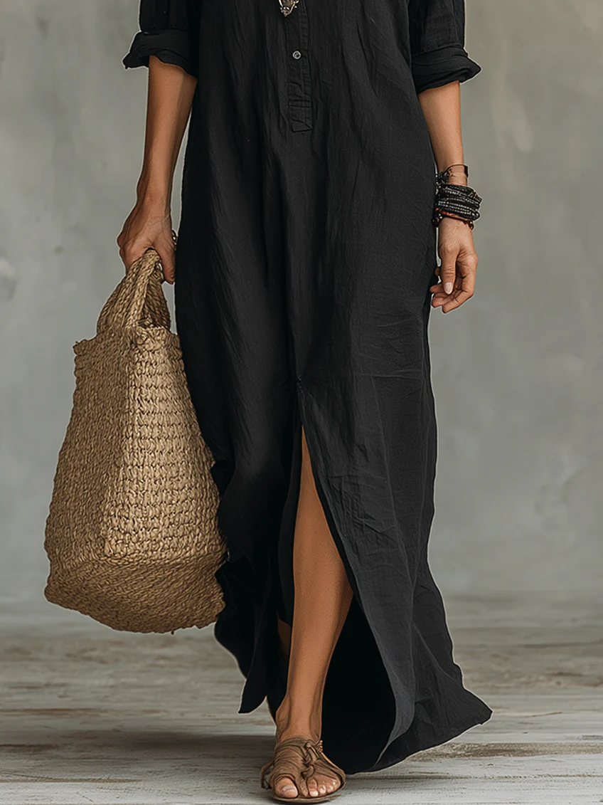 Soline™ | Robe Longue Noire Ample avec Boutons