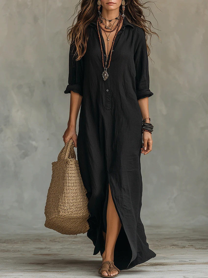 Soline™ | Robe Longue Noire Ample avec Boutons