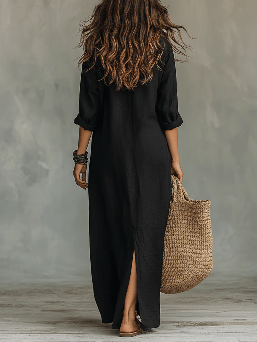 Soline™ | Robe Longue Noire Ample avec Boutons