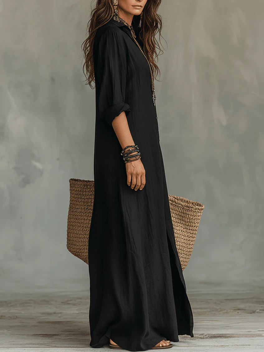 Soline™ | Robe Longue Noire Ample avec Boutons