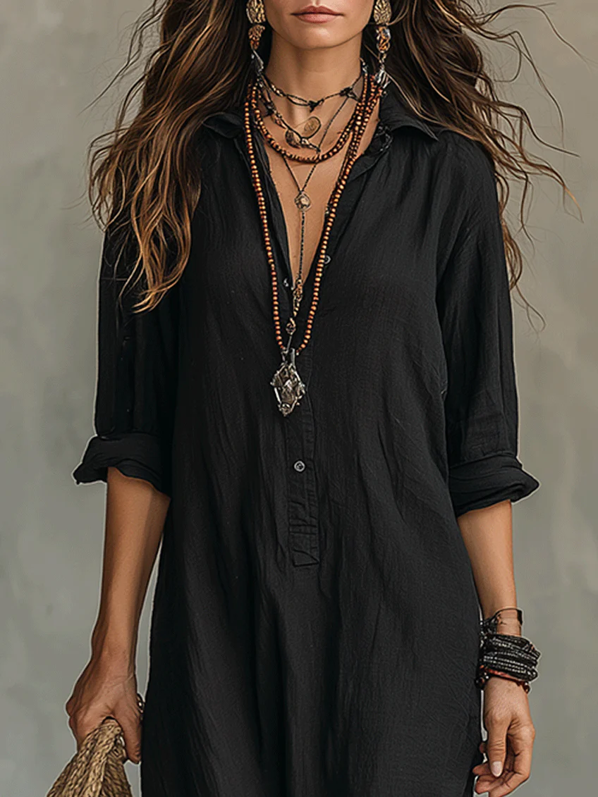 Soline™ | Robe Longue Noire Ample avec Boutons